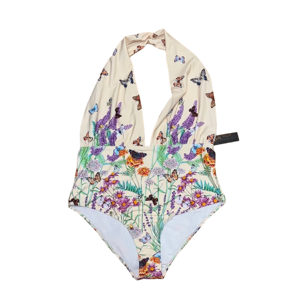 Retro Stage XXL Cream Purple Floral Butterfly Halter One Piece Swim